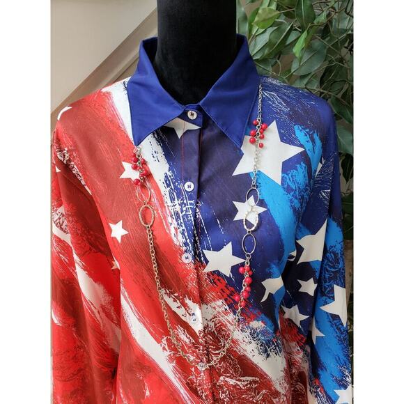 Women's Button Down Shirt XL Red & White Polyester Long Sleeve Stretch Collared - Picture 10 of 11